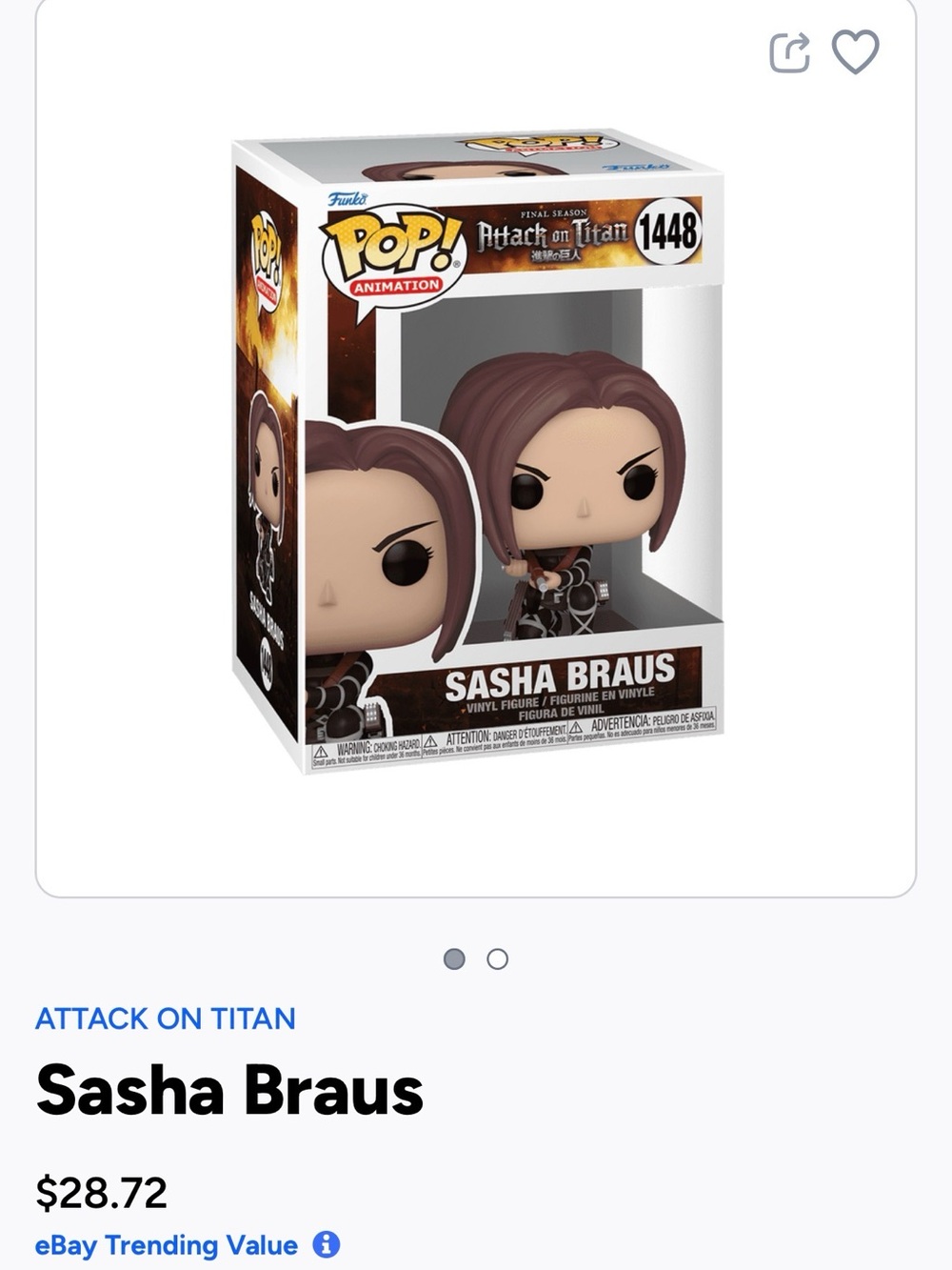 Funko Pop! Animation Sasha Braus - Brown Hair, Black Outfit Vinyl Figure- 1448